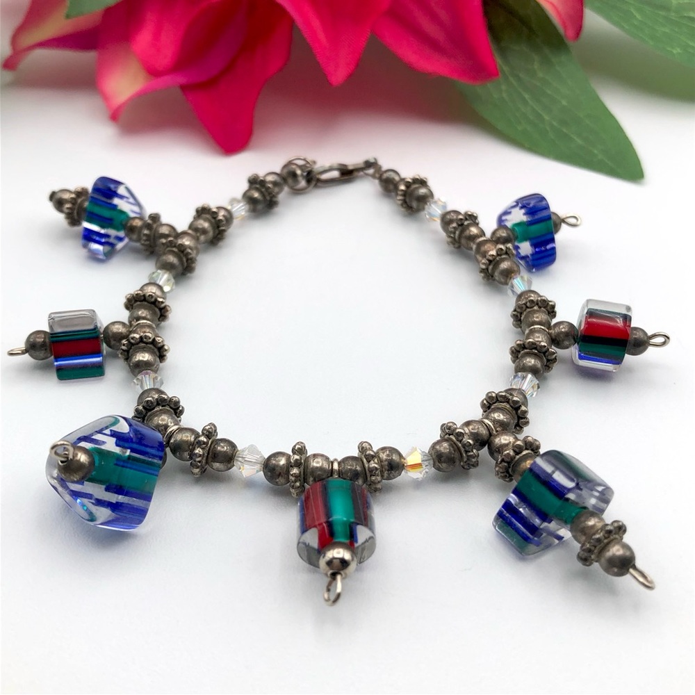 Artisan Ox Silver Tone Colorful Bead Bracelet AB Aurora Borealis Bicone Boho